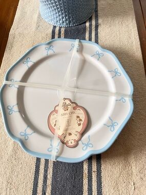 Set 8 Shabby Chic Blue Coquette Bows Melamine 4 Dinner Plates + 4 Salad Plates